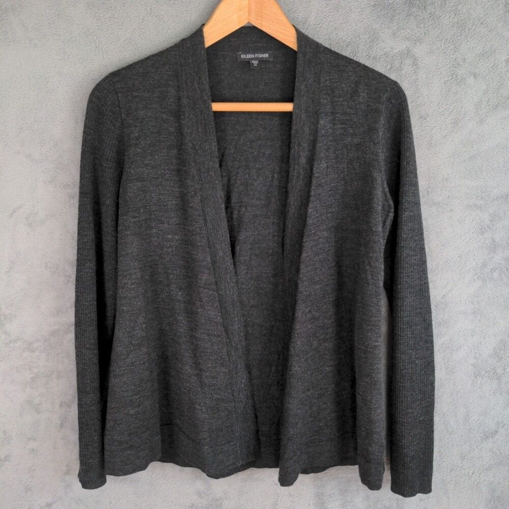 Eileen Fisher 100% Merino Wool Open Front Cardigan XS Gray Long Ribbed Sleeve